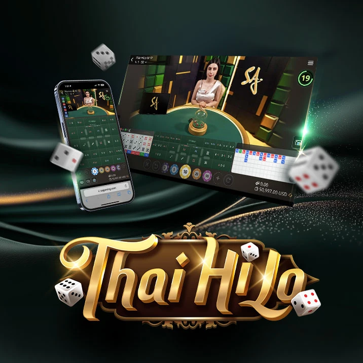 Image for an online Thai HiLo game featuring a dealer at a gaming table on the right and a mobile interface on the left. The text 'Thai HiLo' is prominently displayed at the bottom, accompanied by 3 dice.
