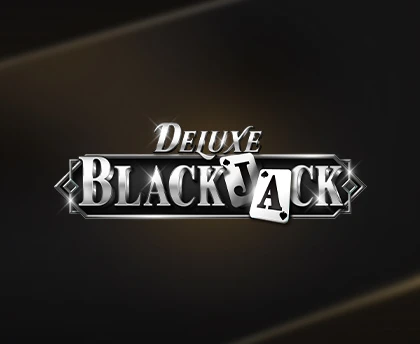 Deluxe Blackjack logo with metallic text and an ace of spades card, set against a dark gradient background with a glowing effect